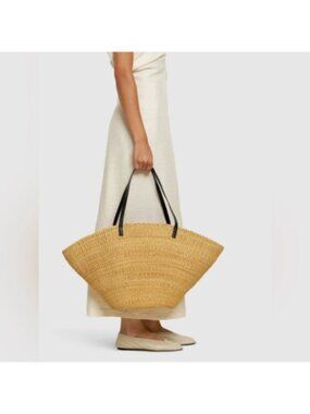 Chic Bembien Tan Woven Beach Tote w/Black Leather Straps